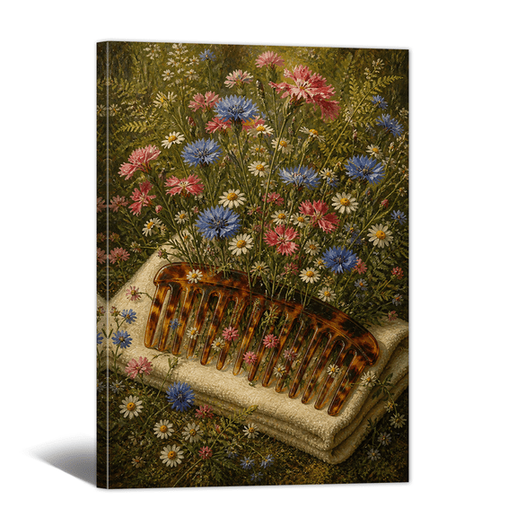 Rural Style Bathroom Canvas Wall Art Comb & Flowers Picture Print, Rustic Vintage Artwork Nature Aesthetic Painting for Restroom Shower Room Home Decor