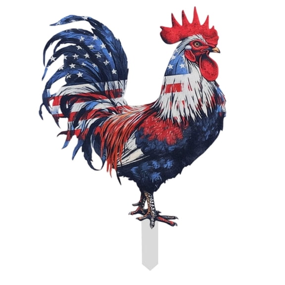 Rural Style Painted Rooster Metal Yard Pick, Patriotic Animal Lawn Ornament, 4th Of July Ground Insert Figurine for Backyard Garden Outdoor Landscaping Decor