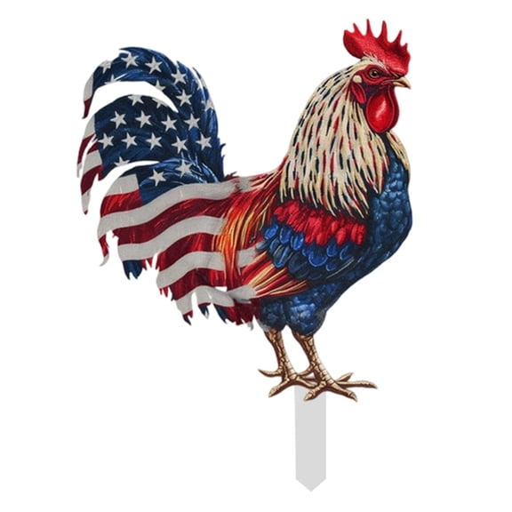 Rural Style Painted Rooster Metal Yard Pick, Patriotic Animal Lawn Ornament, 4th Of July Ground Insert Figurine for Backyard Garden Outdoor Landscaping Decor