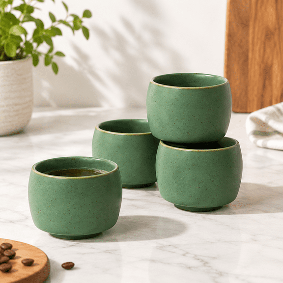 Rural Style Small Ceramic Espresso Cups Set Of 4 Coffee Mugs 5oz Green