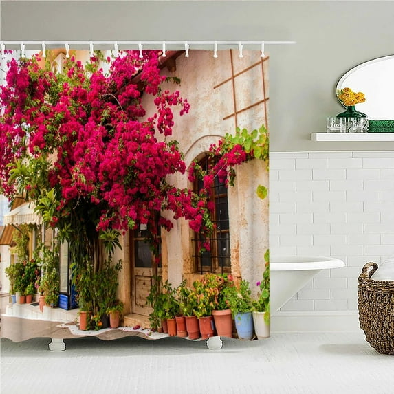 Rural Town Flower Garden Brick Wall Printed Fabric Shower Curtains Bathroom Curtain Waterproof Products Home Decor with