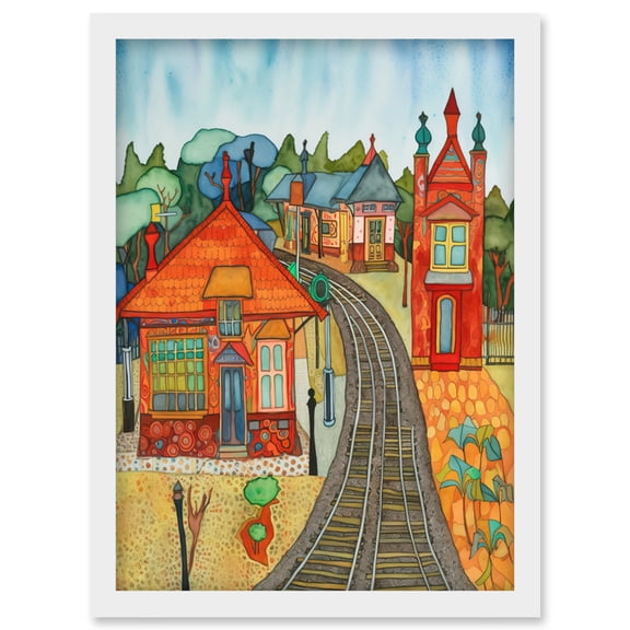 Rural Train Station Folk Art Artwork Framed Wall Art Print A4