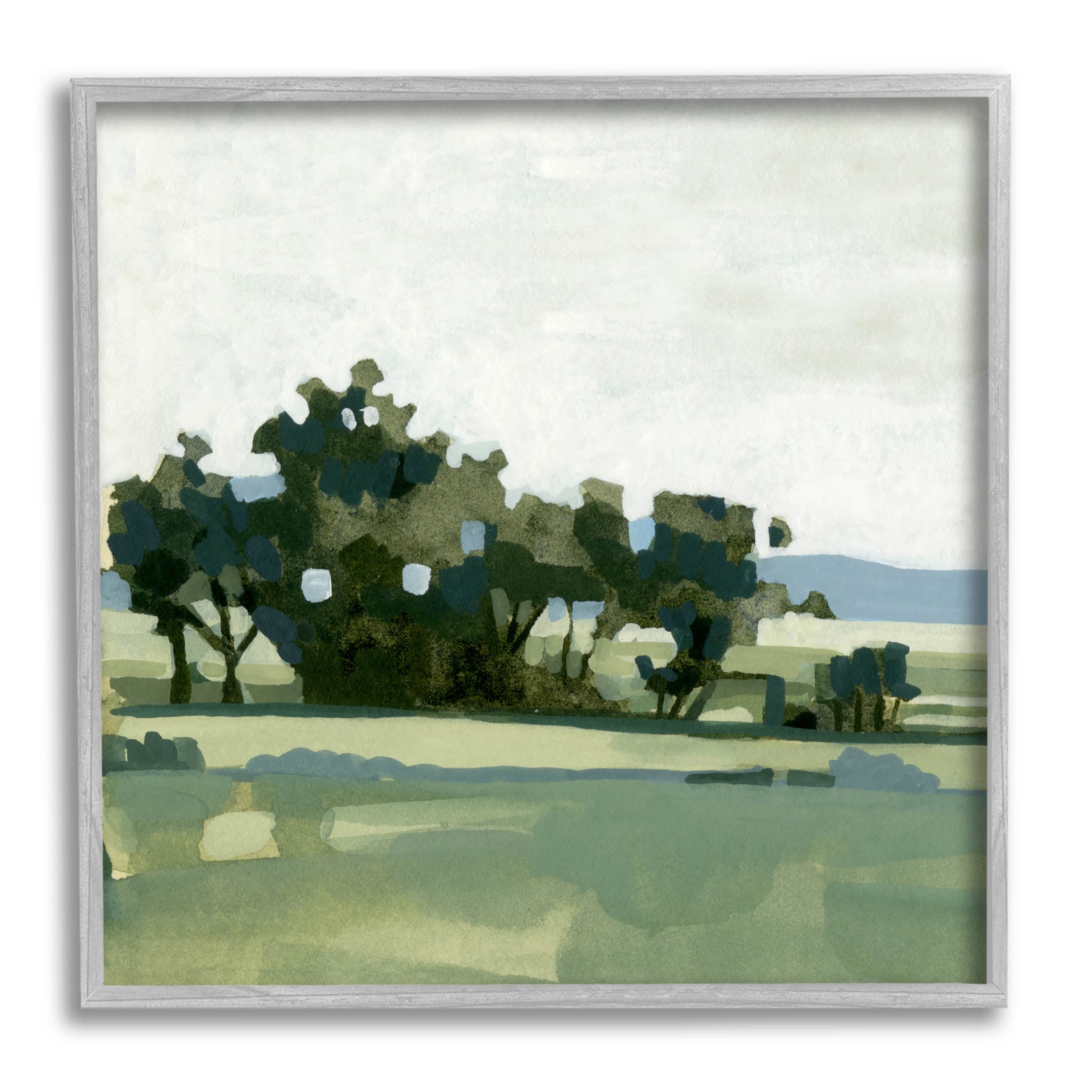 Rural Tree Grove Grassland Landscape Painting Gray Framed Art Print Wall Art