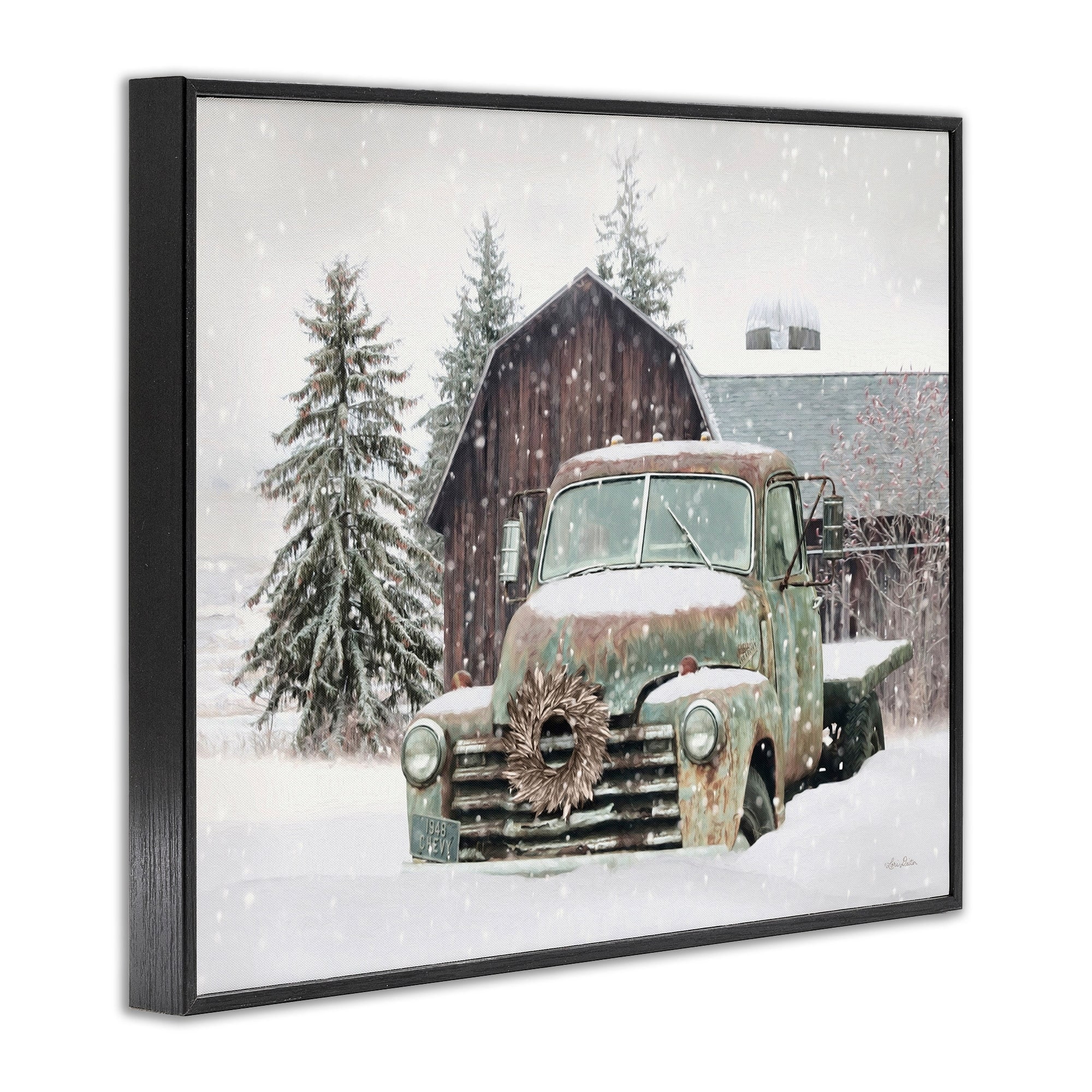 Rustic Green Vintage Truck and Barn Snowy Landscape Canvas Print