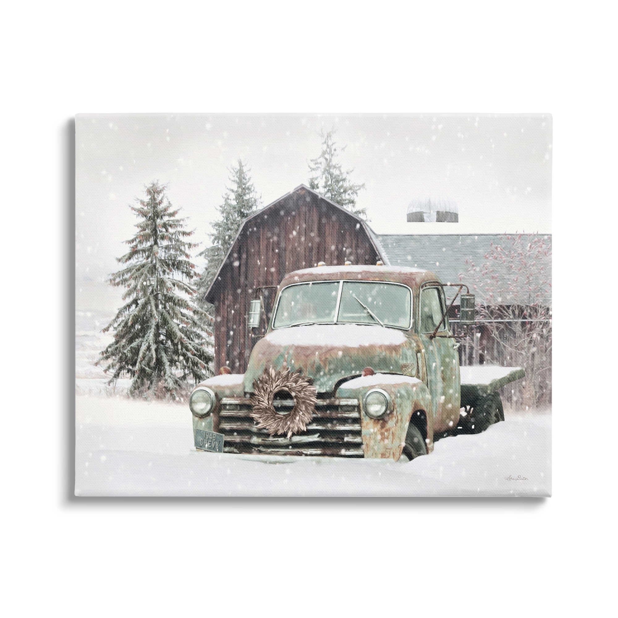 Vintage Truck and Barn Snowy Landscape Christmas Canvas Print