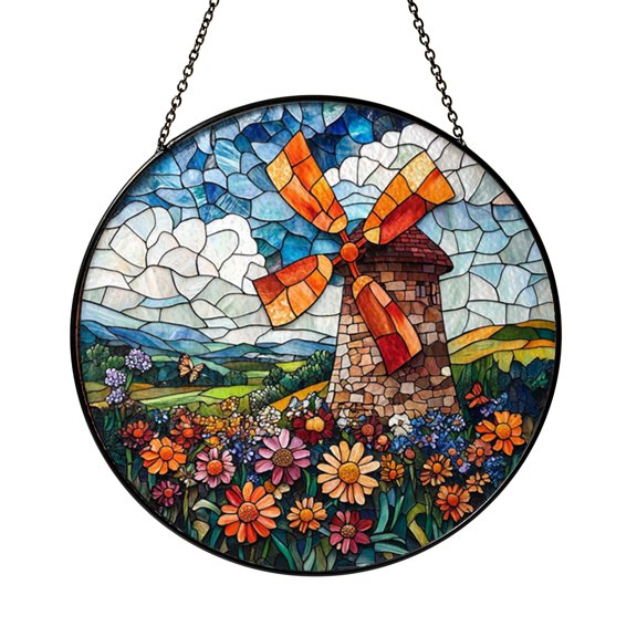 Rural Windmill Stained Glass Window Hanging – Decorative Farm Art