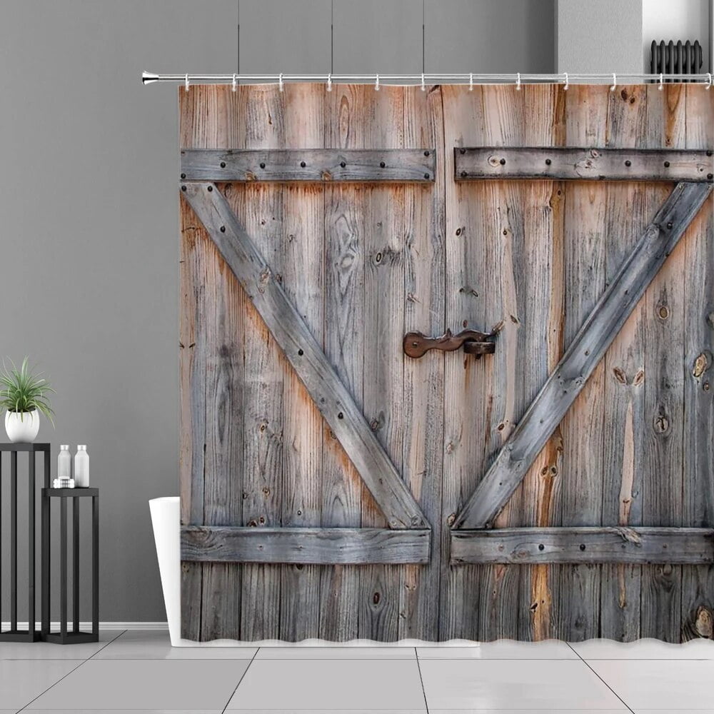 Rural Wooden Door Shower Curtain Garden Forest Courtyard Scenery ...