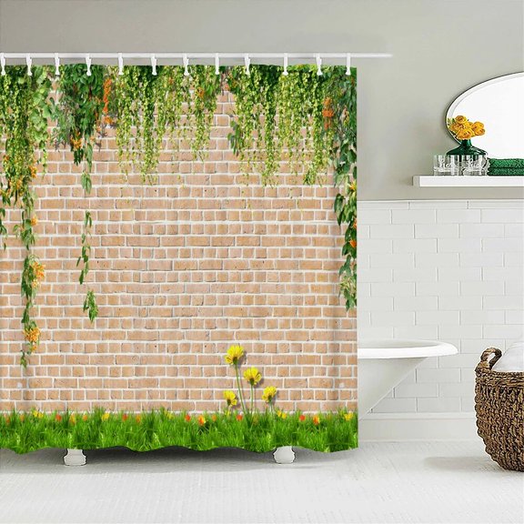 Rural landscape Fabric Shower Curtain Bathroom Curtains Rock Brick Wall Plant Flowers Waterproof Decor Bath Screen with Hook