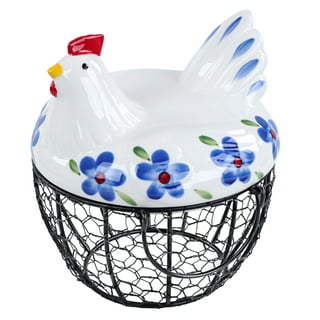 Yyeselk Gold Wire Egg Basket with Ceramic Chicken Design Lid, Metal Egg  Basket for Fresh Eggs with Handles, Portable Fresh Egg Collecting Basket  Holder for Countertop 