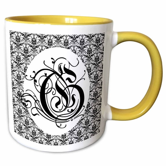 3drose, Ruritania Letter G with Small Black and White Pattern Damask Art, 15oz Two-tone Yellow Mug