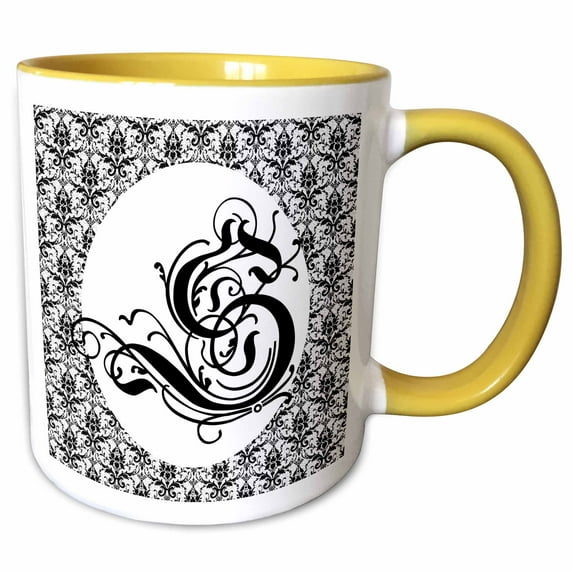 3drose, Ruritania Letter S with Small Black and White Pattern Damask Art, 15oz Two-tone Yellow Mug