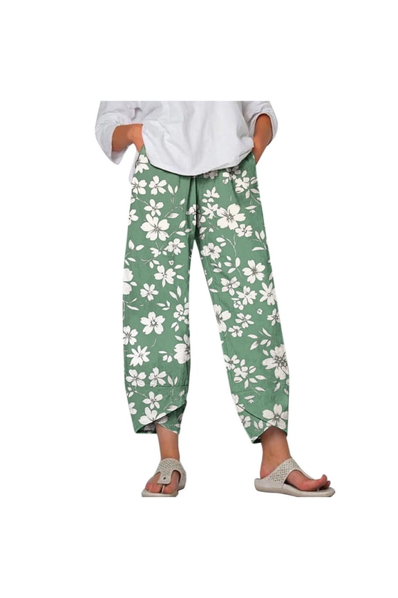 Cotton Capri Pants for Women Summer Casual Slim Fit Pants Stretch Waist Butt Lifting Workout Yoga Pants Floral Print Plus Size Leggings Green XXXL