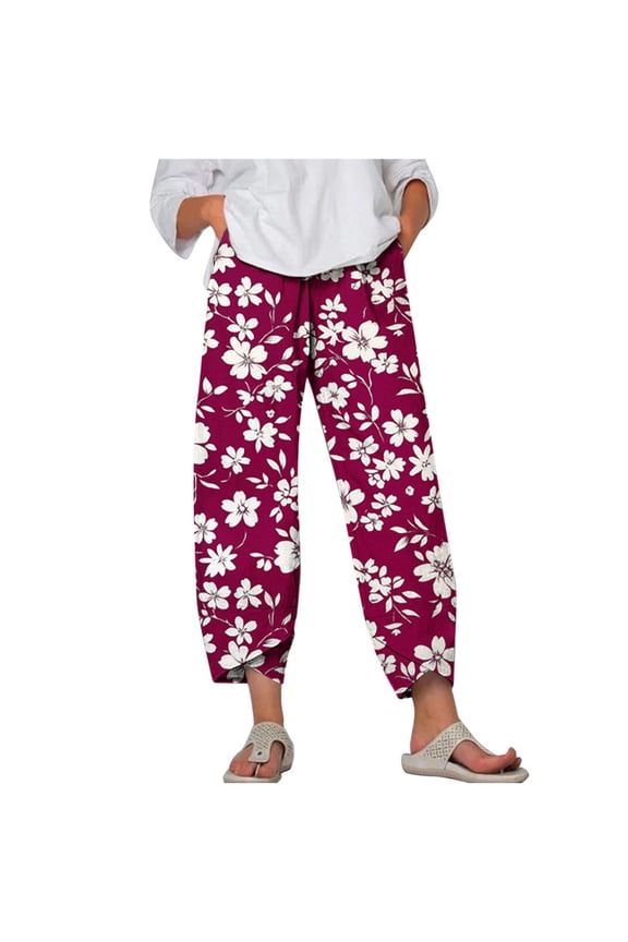 Cotton Capri Pants for Women Summer Casual Slim Fit Pants Stretch Waist Butt Lifting Workout Yoga Pants Floral Print Plus Size Leggings Red XXXL