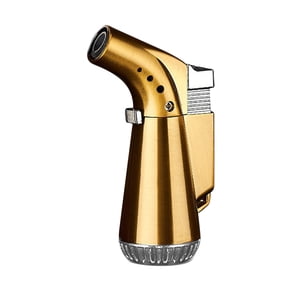 Ruroz Torch Lighter, Adjustable 4 Jet Flame Refillable Butane Fuel Lighter Windproof Mini Butane Torch Lighter for Grill BBQ Gas Fireplace Fire Camping (Butane Gas Not Included) (Gold)