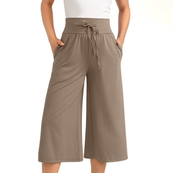 Ruroz Women Wide Leg Palazzo Pants for Women Dressy Elastic Waist Flowy Pants with Pockets Lightweight Summer Pants Khaki M