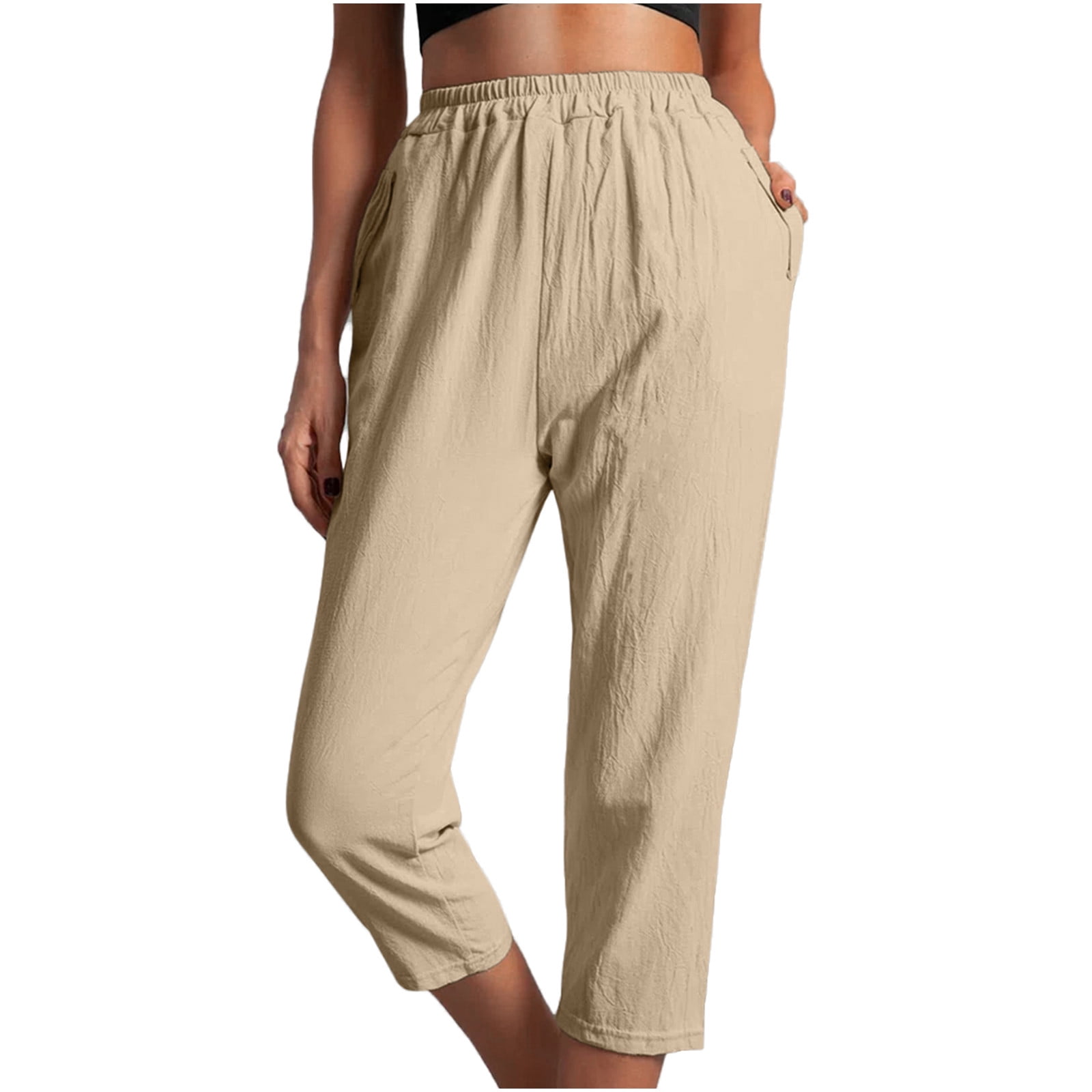 Ruroz Women's Linen Capris 2024 Summer Casual Plus Size Pants Elastic