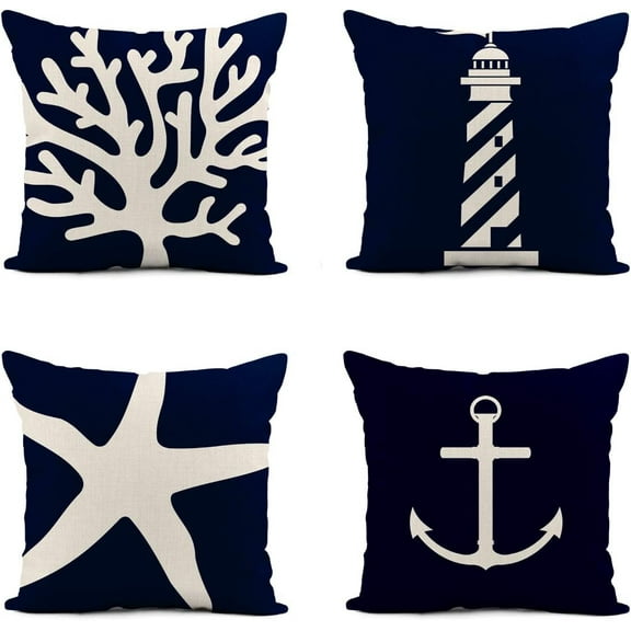 Rurpali Set of 4 Linen Throw Pillow Cover 16x16 Inch Beach Nautical Coral Reef Sea Fan Navy Blue Sailing Lighthouse Starfish Ocean Home Decor Pillowcase Square Cushion Cover for Sofa Bed Couch