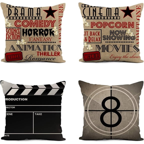 Rurpali Set of 4 Linen Throw Pillow Cover 16x16 Inch Retro Stamp Letter Movie Theater Home Decor Pillowcase Square Cushion Cover for Sofa Bed Couch