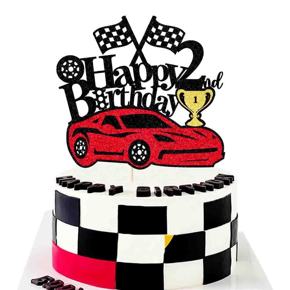 Car Racing Cake Topper - Happy Birthday Sign, Black Glitter, Checkered Flag Theme Party Decor