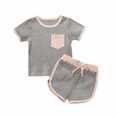 thumbnail image 1 of Rush Baby Girl Summer Clothes Sequins Pocket Knitted Short Sleeve T-Shirts Shorts Set Outfit --- Gray（Size 120） S779, 1 of 5