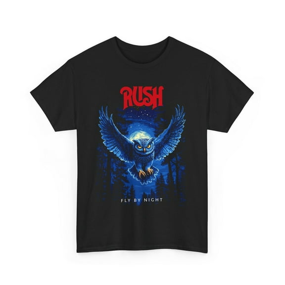 Rush Band Fly By Night Owl Graphic Tee Rock Music Vintage Style Album Cover Art Retro Aesthetic Night Scene Unisex Cotton T-Shirt, Sizes S-5XL