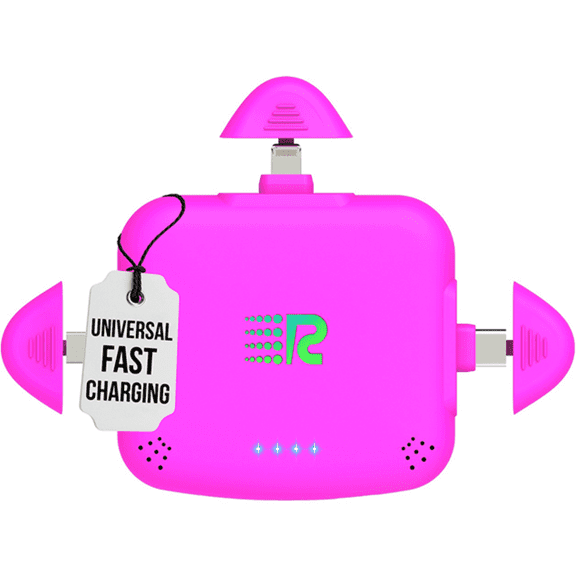 Rush Charge Universe 3 in 1 Portable Charger – 3300mah, 2.4A High-Speed Fast Charging Compatible with iPhone and Android Lightning, Type C, Micro-USB Charges 3 Devices at a Time Pre-Charged RC33 Pink