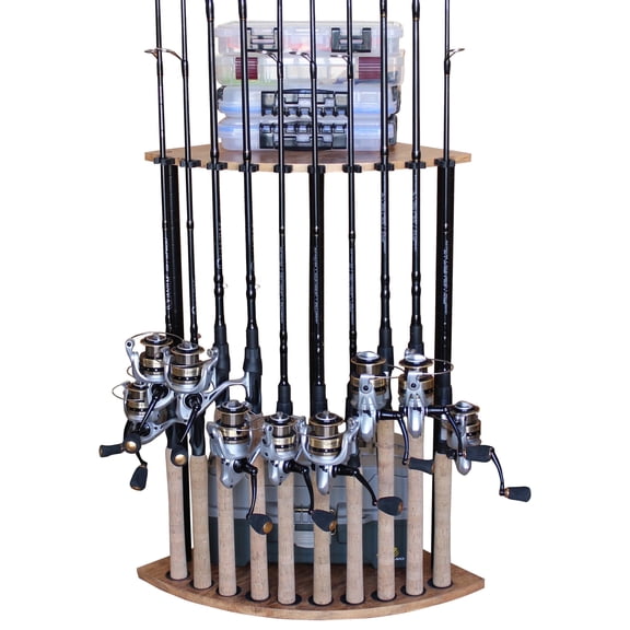 Rush Creek Creations Corner Fishing Rod Rack, 10-Rod Stainless Steel Post Holder with Barn Wood Finish, Space-Saving Garage Storage Organizer for Freshwater Fishing Poles