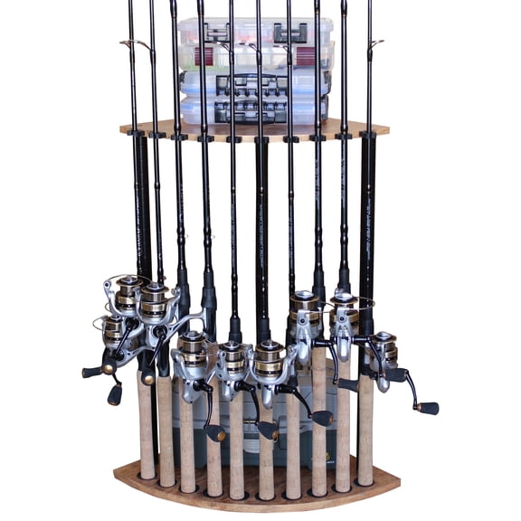Rush Creek Creations Corner Fishing Rod Rack, 10-Rod Stainless Steel Post Holder with Barn Wood Finish, Space-Saving Garage Storage Organizer for Freshwater Fishing Poles