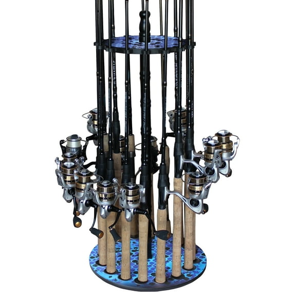 Rush Creek Creations Fishing Rod Round Storage Rack with Freshwater Rod Clips, 16 Rod Capacity-Blue