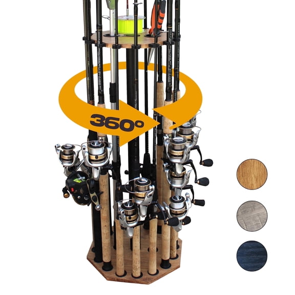 Rush Creek Creations Spinning Round Fishing Rod Storage Rack with 360 Rotating Base, 16 Rod Capacity, American Cherry Finish