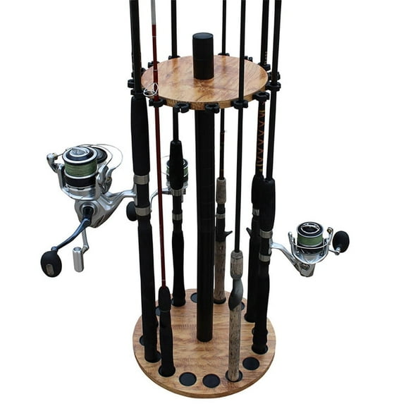 Rush Creek Creations 16 Round Fishing Rod/Pole Storage Floor Rack American Cherry Finish - Features Heavy Duty Steel Post - No Tool Assembly