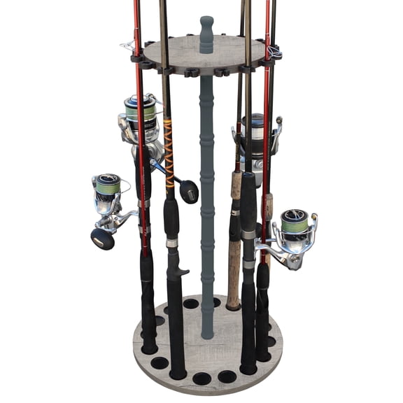 Rush Creek Creations Round Fishing Rod Floor Storage Rack, 16 Rod Capacity, Barn Wood Finish