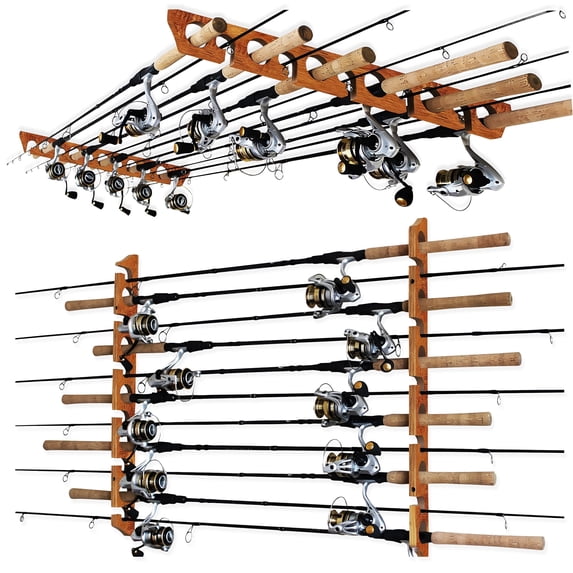Rush Creek Creations 2-in-1 Fishing Rod Storage Rack, 11-Rod Wall and Ceiling Mount Holder, American Cherry Finish