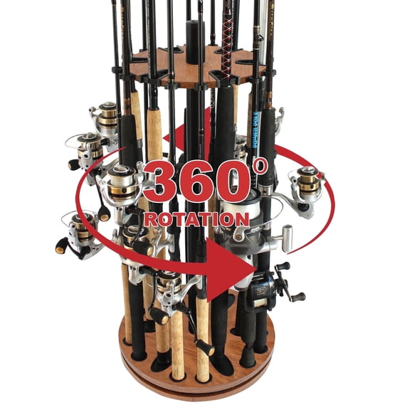 Rush Creek Creations 24-Rod Spinning Round Fishing Rod Storage Rack with 360 Swivel, Dark Walnut Finish