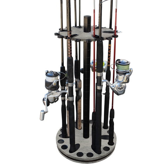 Rush Creek Creations 24-Rod Round Spinning Fishing Rod/Pole Storage Rack with Ultra-Glide Swivel, Barn Wood Finish