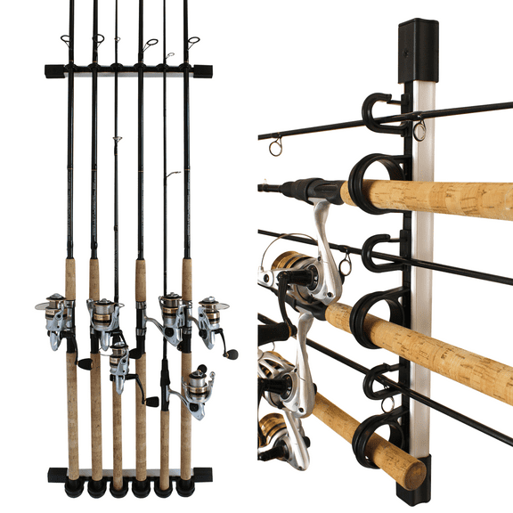 Rush Creek Creations Fishing Rod Holder for 6 Rods, Fishing Pole Holder for Garage Organization & Wall Storage, for Fishing Reels, Fishing Gear, & Fishing Accessories