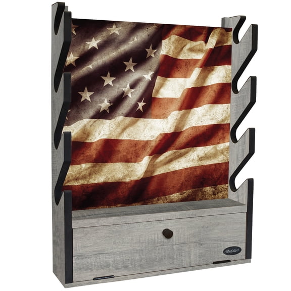 Rush Creek Creations Indoor 4 Rifle/Shotgun Wall Storage Americana Display Rack - Features Storage Compartment For Accessories