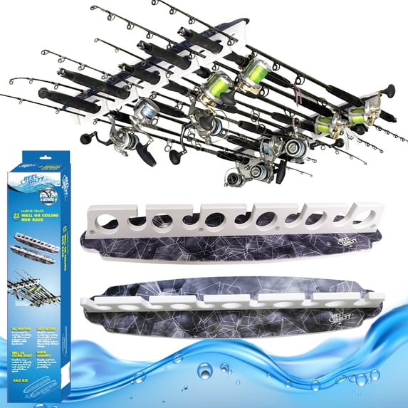 Rush Creek Creations Reel Salty Marine Grade Saltwater Fishing Rod Holder Wall Ceiling Mount Rack 11 Rod Capacity Waterproof UV Resistant for Offshore Inshore Garage Dock Storage Organizer