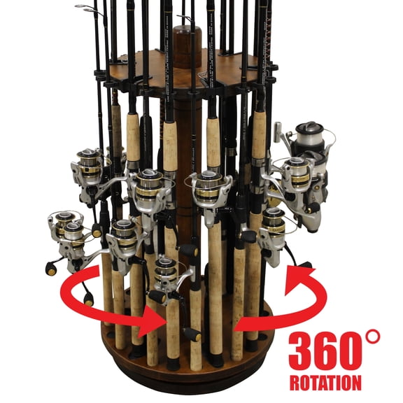 Rush Creek Creations Round Spinning 30-Rod Fishing Rack, Wood Storage Stand with 360° Swivel Base