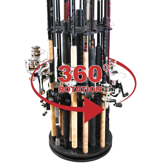 Rush Creek Creations 24-Rod Fishing Rod Holder, 360 Rotating Floor Storage Rack for Garage Organization