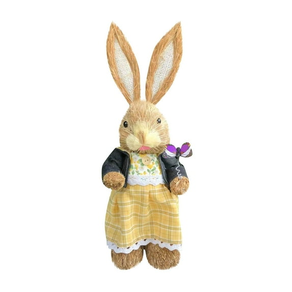 Rush Grass Easter Bunny, 14-Inch Artificial Rabbit with Natural-Looking Grass Skirt, Garden Stakes for Yard & Spring Porch Decor D
