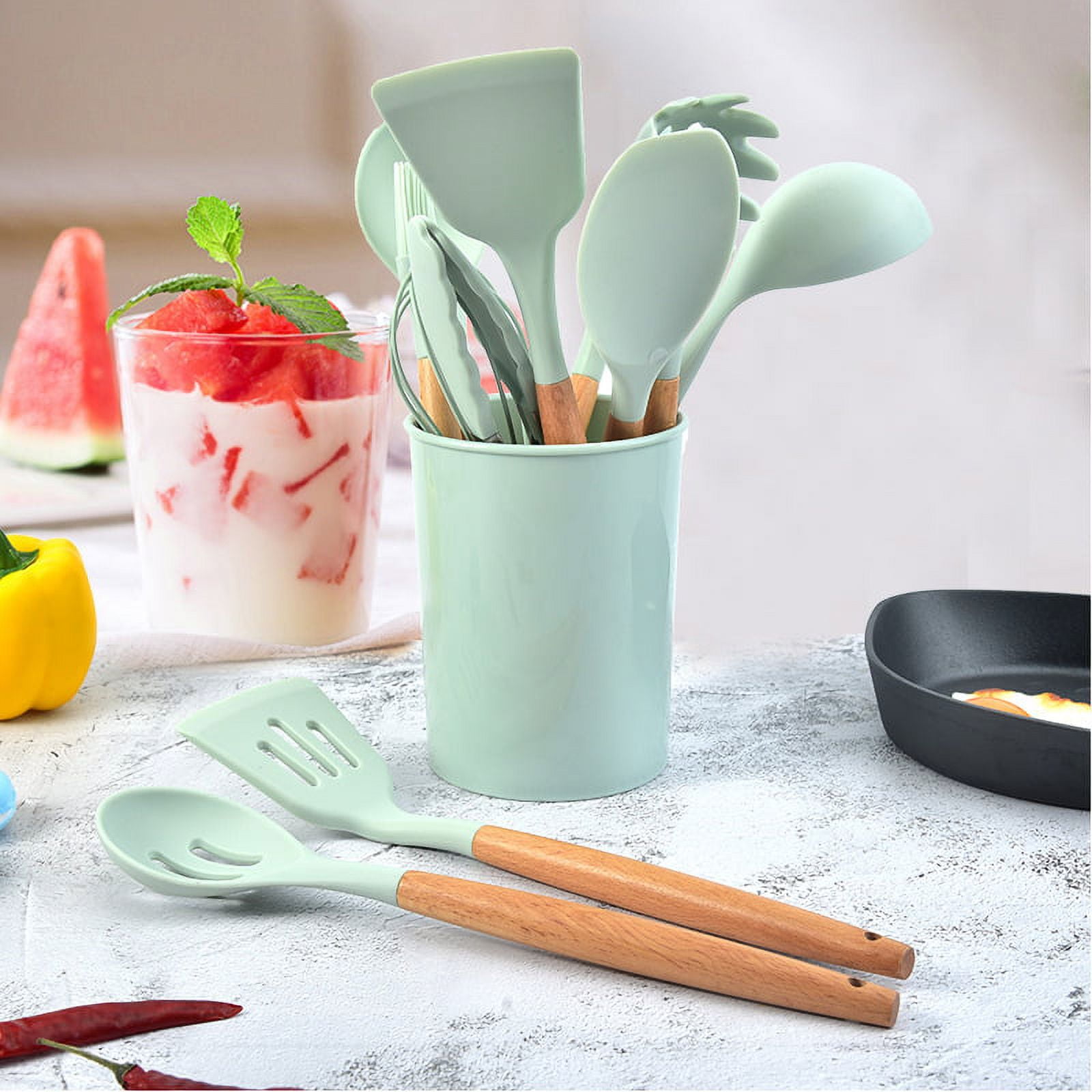 Rush Silicone kitchen cookware set, 12PCS kitchen utensil spatula set with  stainless steel non-stick cookware holder, BPA-free non-toxic cookware,  kitchen tool gift (mint green) ST-001 S5669 