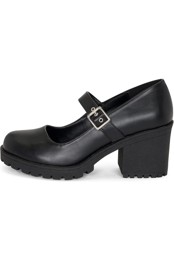 Rush - Women's Mary Jane Ankle Buckle Platform Pumps with Lug Sole (Black PU, 9)
