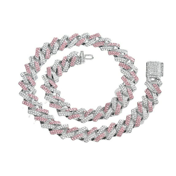 Rush Women's Necklace, 18" Cuban Necklace, Bling Pink Diamonds Hip Hop Jewelry Accessory S3318