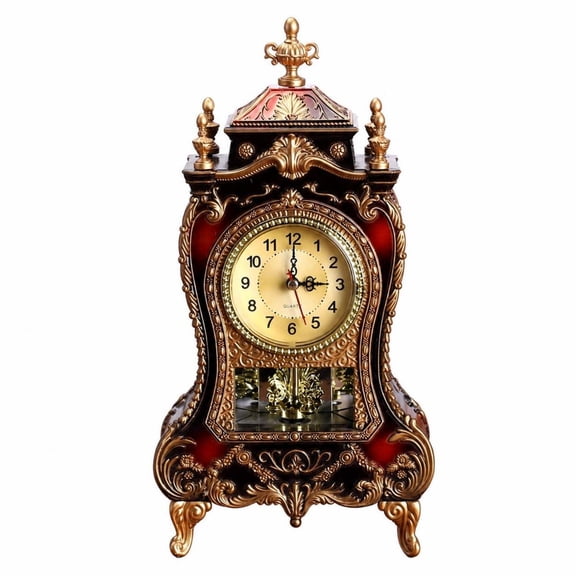 Rushawy 1 Brown Red Antique Table Clock with Four Curved Legs and Swinging Pendulum Silent Sweep Movement Analog Face for Mantel or Bookshelf Decor