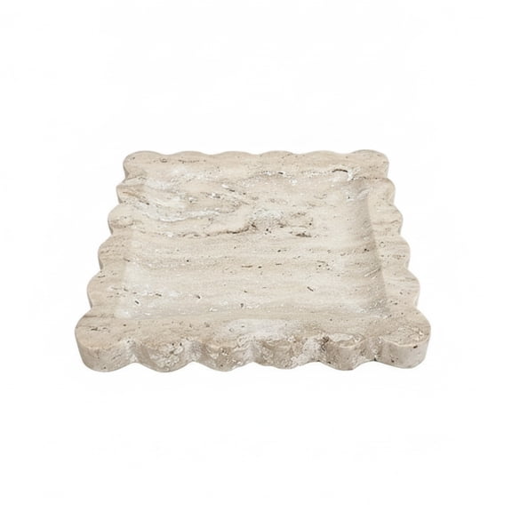Rushawy 1 Solid Stone Serving Tray Yellow Travertine Marble Platter with Wavy Edges and Textured Finish for Home Decor Organizing