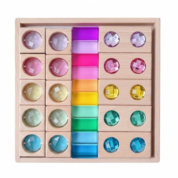 Rushawy 48 Piece Rainbow Wooden Gem Blocks Stacking Toy with High Transparency Acrylic Window Pieces for Unisex Children