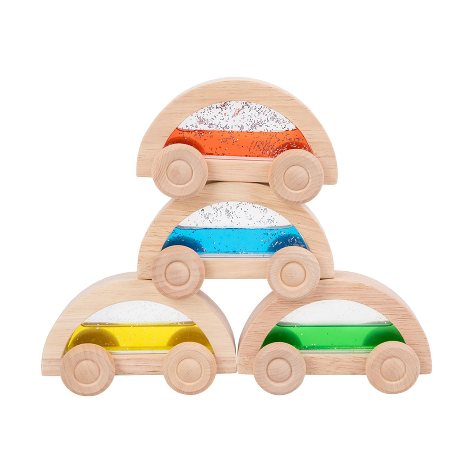 Rushawy 4Pcs Montessori Wooden Car Toy Kids Car Pretend Play Stacking Toy Rainbow Wooden