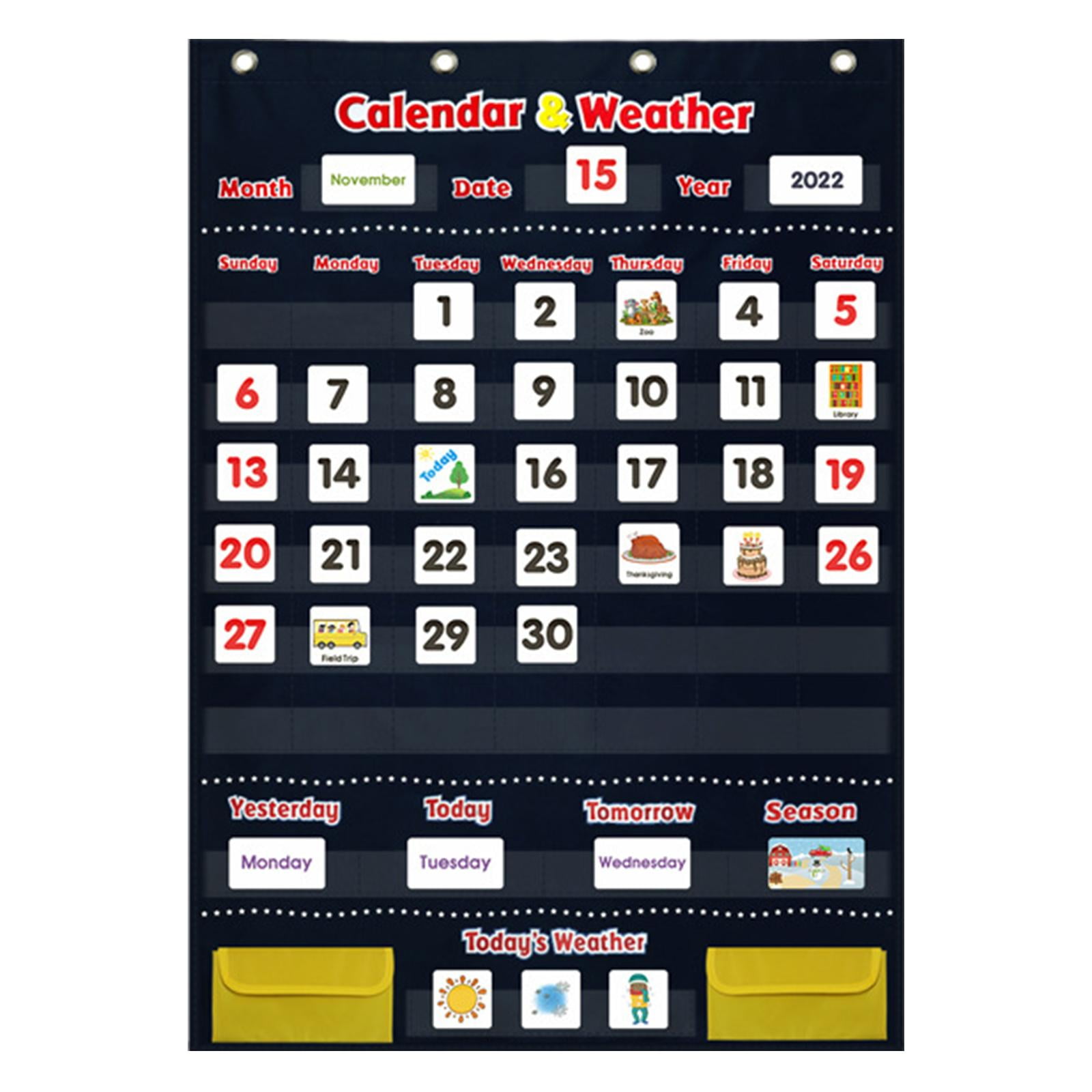 Rushawy Calendar and Weather Pocket Chart with 142 Cards for Classroom