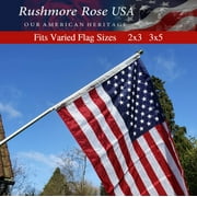 Rushmore Rose USA Flag Pole Kit, Heavy Duty American Flag Pole with Two Ring Clips, Tangle Free Spinning 6 Ft Flag Pole Holder for Outside House, Silver